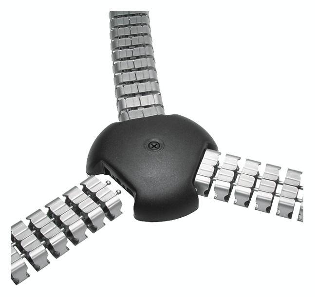 A silver Y-shaped cable management system, comprising modular, slidable segments. It enables clean cable organisation.