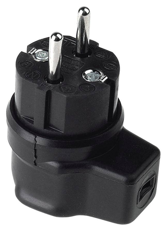 A black Euro plug with two metal pins and a flat design, suitable for European power sockets.
