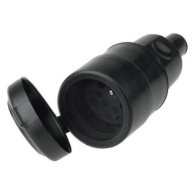 Trailer adapter: Black, round, with open protective cover. Connects a 7-pin trailer plug with a 13-pin vehicle socket.