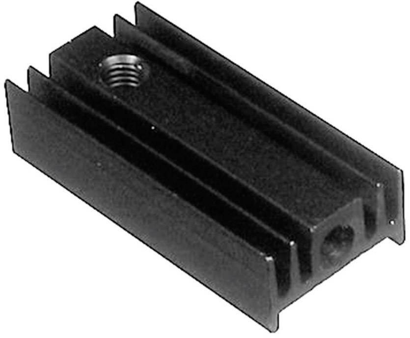 Black aluminium heatsink with multiple fins for heat dissipation, rectangular in shape, with mounting hole.