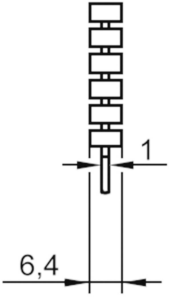 Diagram of a connector plug with six stacked rectangular contacts, contact spacing: 1 mm, total length: 6.4 mm.