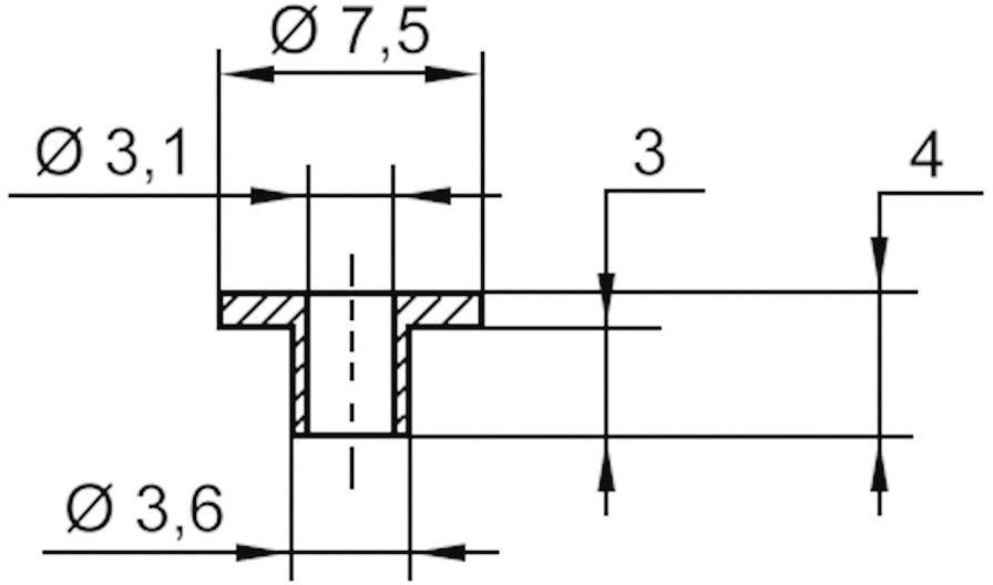 Technical drawing of a mechanical part with three dimensions: Outer diameter 7.5 mm, bore diameter 3.1 mm, height 3.6 mm.