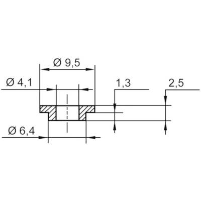 Technical drawing of a cylindrical part with dimensions: diameter 9.5, 4.1, 6.4 and heights 1.3, 2.5.