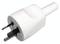 A white Schuko plug adapter that converts plug types, with two metal pins and protective earth contact, on a white background.