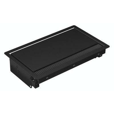 A rectangular black griddle plate with a raised edge, suitable for cooking, placed on a white surface.
