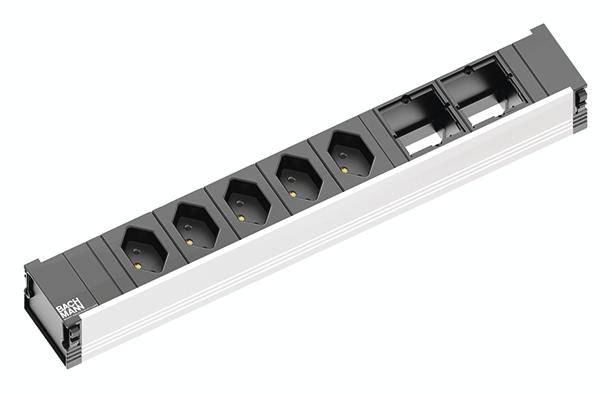 Six-way extension socket with two USB ports, in grey and white, viewed from above.