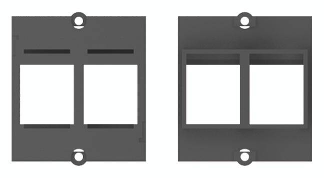 Two black plastic frames, each with two rectangular openings designed for mounting electrical sockets or switches.