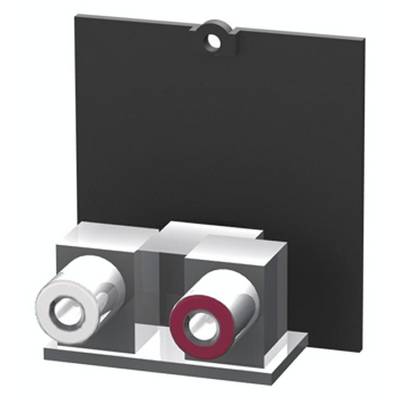 'Illustration of a component with two connectors, one white and one red, mounted in rectangular brackets on a black plate.'