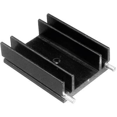 Metallic heat sink with fins designed to dissipate heat. Two protruding pins are visible.
