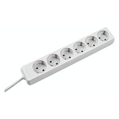A white multi-socket adaptor with six sockets, suitable for connecting multiple electrical devices.
