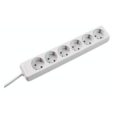 A white six-socket extension lead with a cable, suitable for connecting multiple electrical devices.