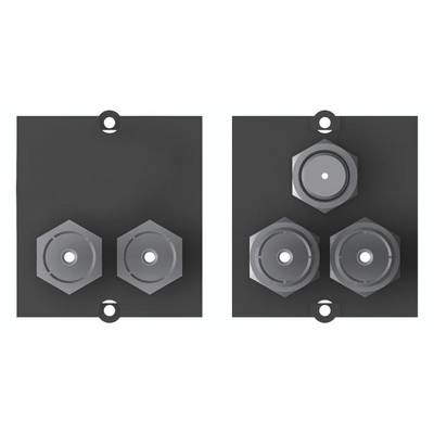 A technical plate with four hexagonal connectors. On the left are two, on the right are three connectors in a symmetrical arrangement.
