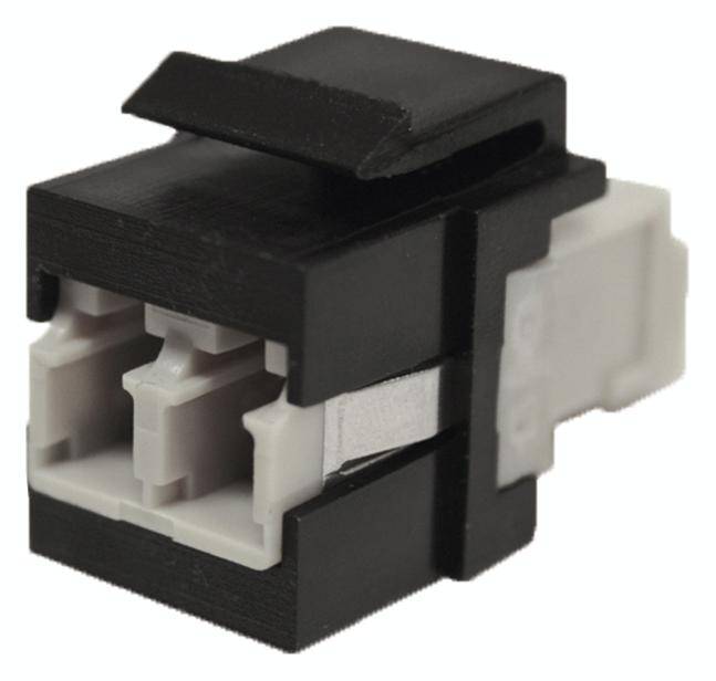 Black and white plastic plug with two sockets, side-locking mechanism, and rectangular shape. Suitable for electrical connections.