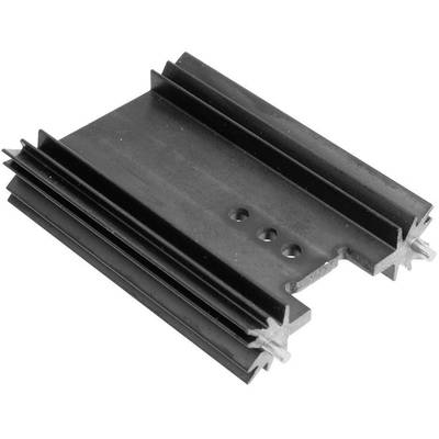 A black metal heatsink with multiple ribbed side fins and three small holes in the centre.
