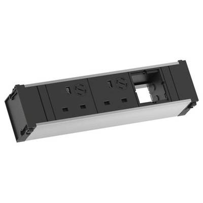 Compact power rail with two power sockets and one empty module space, suitable for installation in desks or work surfaces.