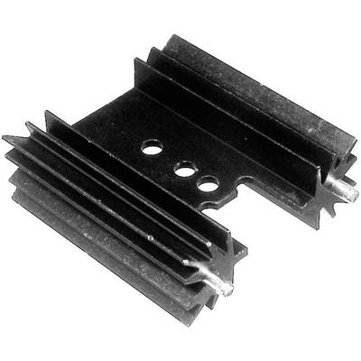 A black heat sink with multiple fins and three mounting holes, suitable for heat dissipation of electronic components.