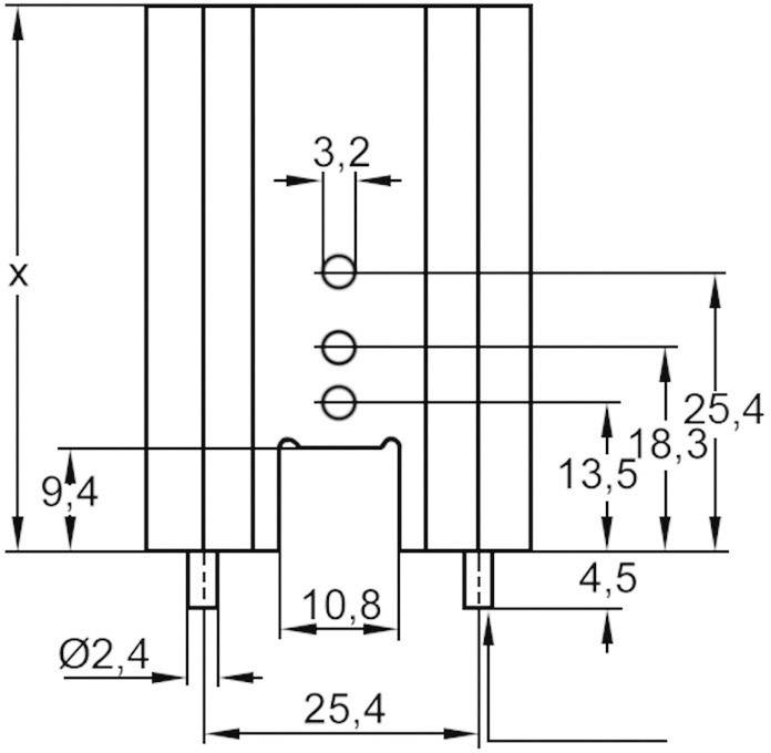 Technical drawing of a component with dimensions. Height 'x', Diameter 'Ø2.4', Width at bottom '25.4', various hole spacings and height differences.