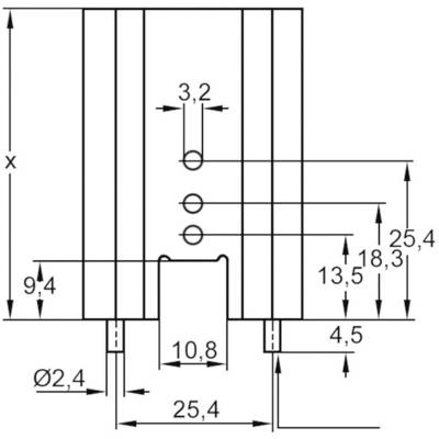 Technical drawing of a component with dimensions. Height 'x', Diameter 'Ø2.4', Width at bottom '25.4', various hole spacings and height differences.