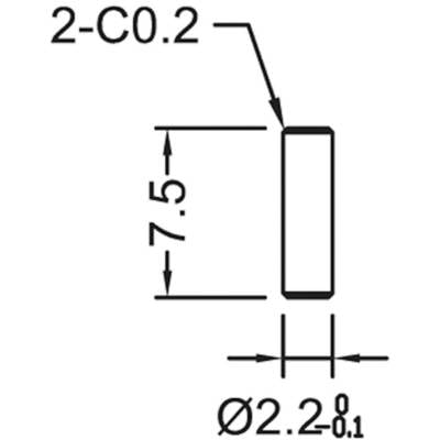 A technical drawing shows a rectangular component. Dimensions: length 7.5 mm, width 2.2 mm. Rounded corners with a radius of 0.2 mm.