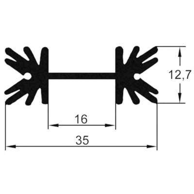 Diagram of a black rubber profile in the shape of a dumbbell with two hands at the ends, length 35 mm, height 12.7 mm, width 16 mm.