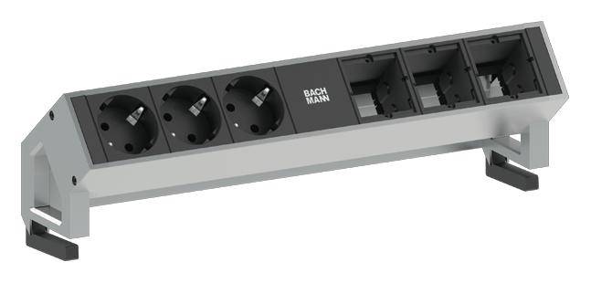 Multi-socket extension lead with five sockets, two of which have earthed plugs, mounted on a grey bracket.