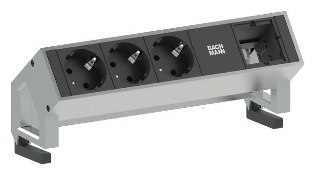 Triple socket extension lead with switch, mounted on a desk mount, robust and suitable for office environments.
