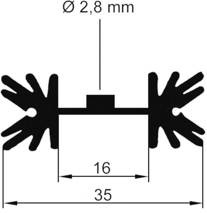 Black and white diagram shows a cross-sectional view with a symmetrical pattern. Text: 'Ø2.8 mm', '16', '35' with arrows.