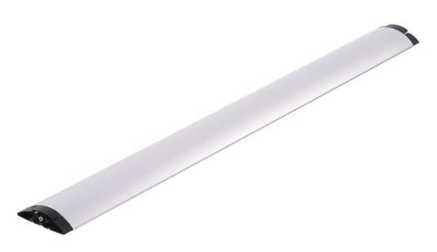 A long, white light bar with rounded black end caps, set against a white background surface.