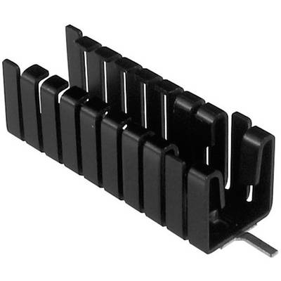 Black plastic cable management bracket with multiple slots for organising cables on a table or wall.