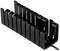 Black plastic cable management bracket with multiple slots for organising cables on a table or wall.
