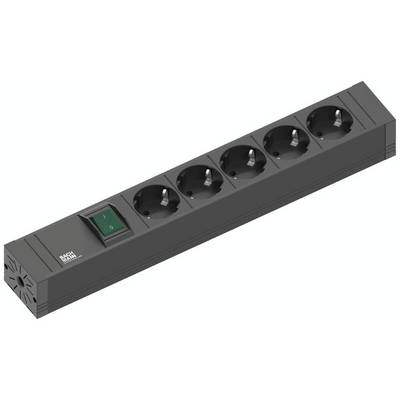 A black multi-socket extension lead with five sockets and a green power switch.