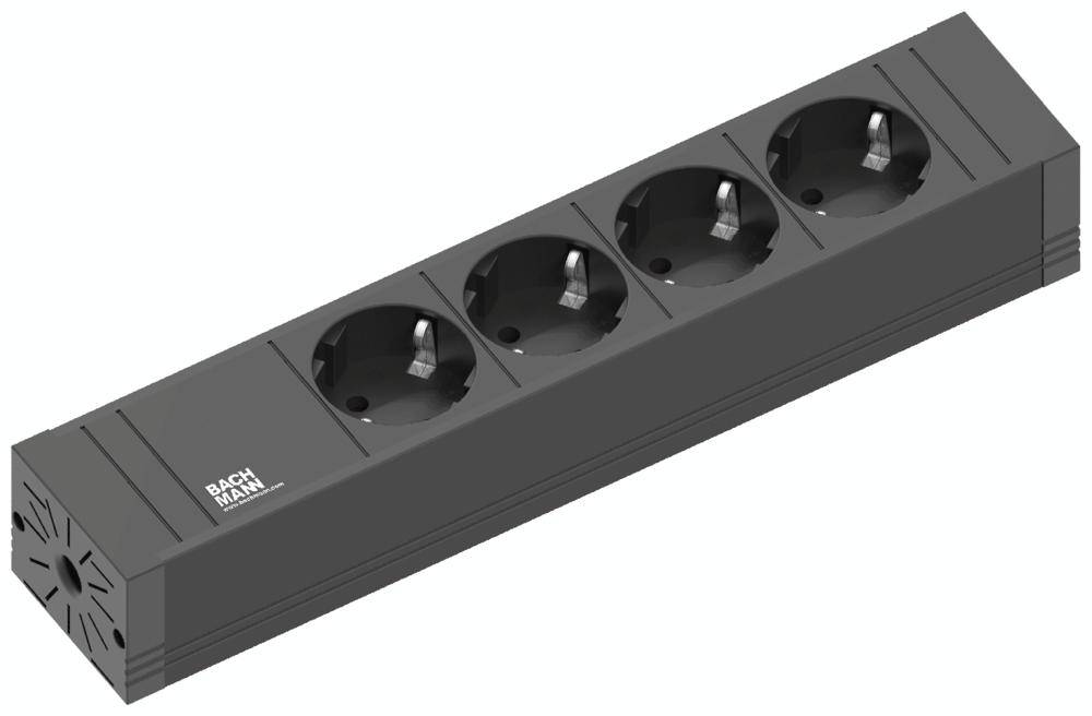 'Black power strip with four socket outlets, vertically arranged.'