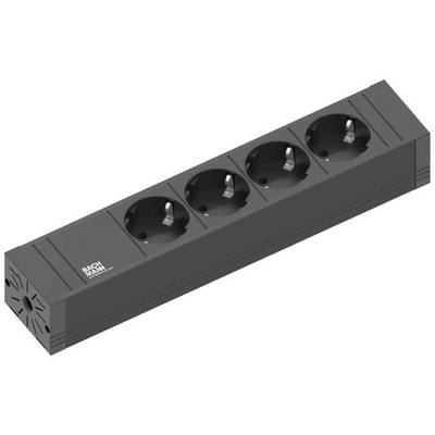'Black power strip with four socket outlets, vertically arranged.'