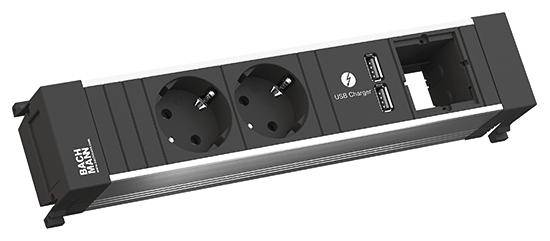 Powerstrip with two plug sockets, two USB charging ports, and a network connection in a modern design.