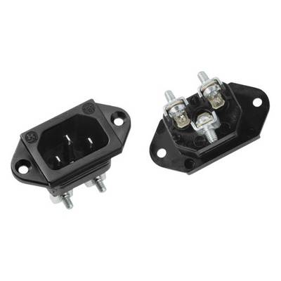 Black electrical connectors with screw fixing, left with plug connection, right with two screws and partition wall.