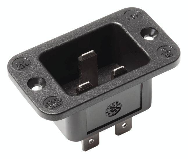 A black cold appliance plug, rectangular, with three contact pins, is commonly used for electronic devices such as computers.