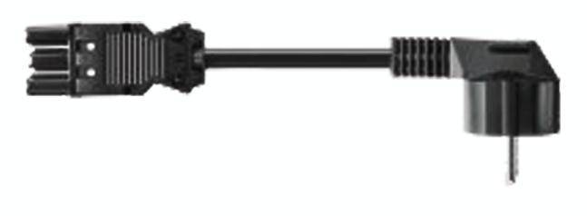 Black, right-angled power adaptor with cable. Suitable for connecting electronic devices to power sources.