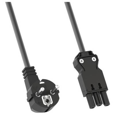 Power cable with two-pin plug on the left and a three-pin IEC connector on the right, for powering electrical devices.
