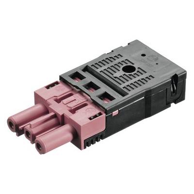A three-pin black and red electrical connector in close-up, shown from the side.