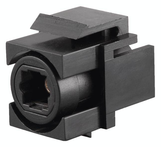 A black, rectangular plastic mounting frame for an audio cable, with a circular connector in the centre.