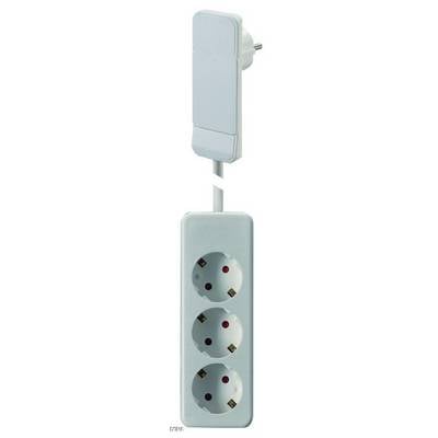 'Triple power strip with safety cover, horizontally oriented, connected to a white plug at the top.'
