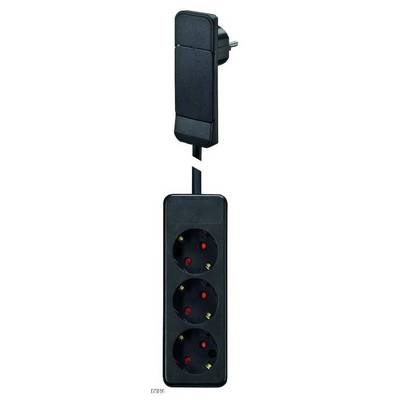 Black power strip with three Schuko socket outlets and one connected plug.