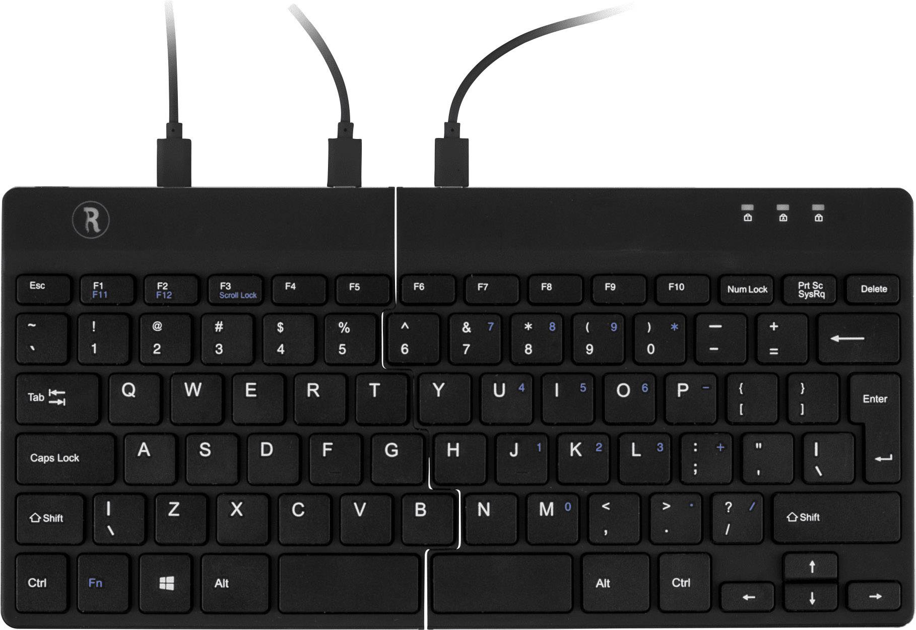 Keyboard with two cable connections, split in the middle for ergonomic use. Contains full key layout and function keys.