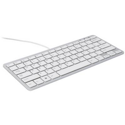 White computer keyboard with a wired connection, showing keyboard layout with function key row, arrow keys, and number row.