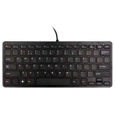 A black, compact USB keyboard with a QWERTY layout. Keys include special characters and functions such as F1 to F12, along with arrow keys.