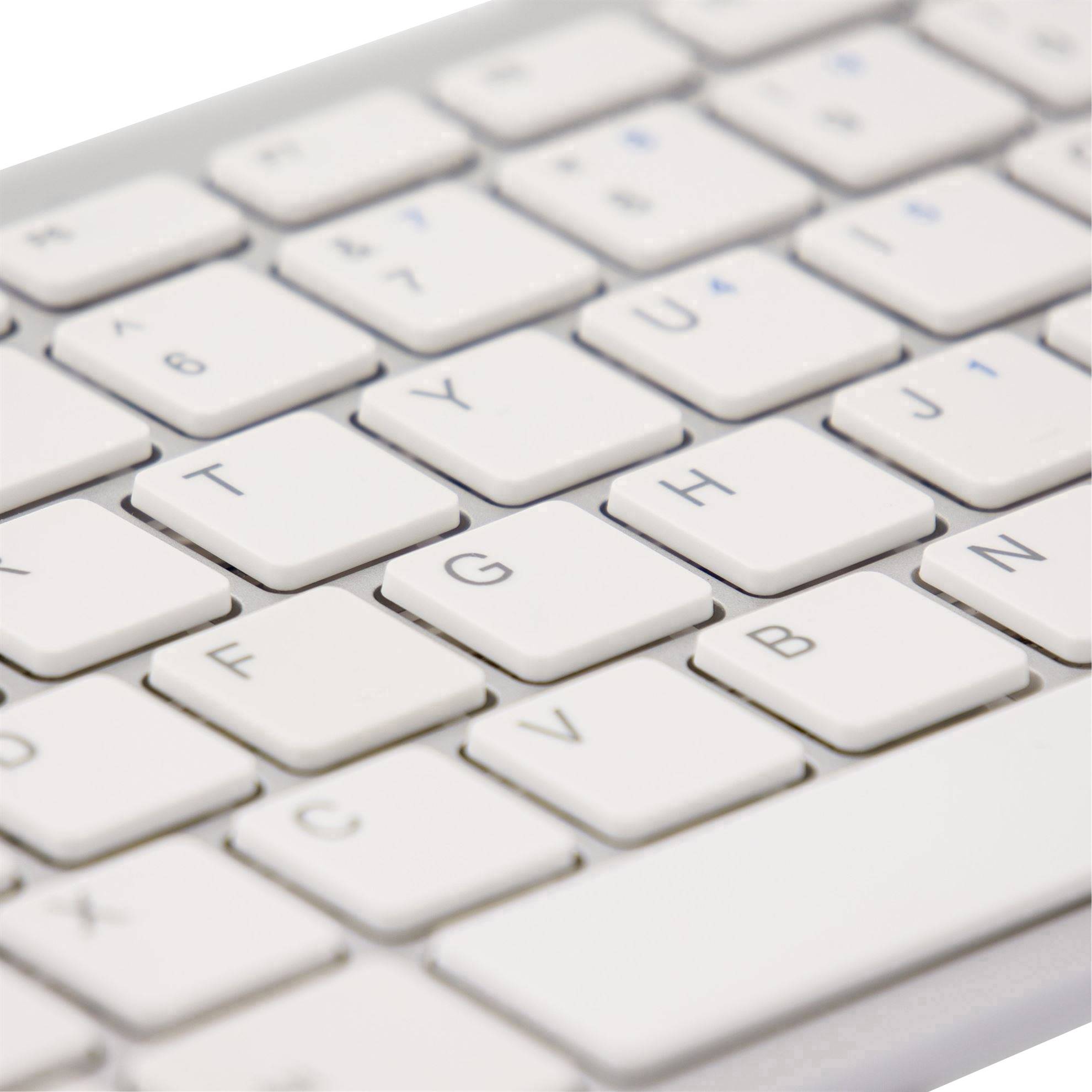 White computer keyboard, close-up of the middle row of keys from Q to P.