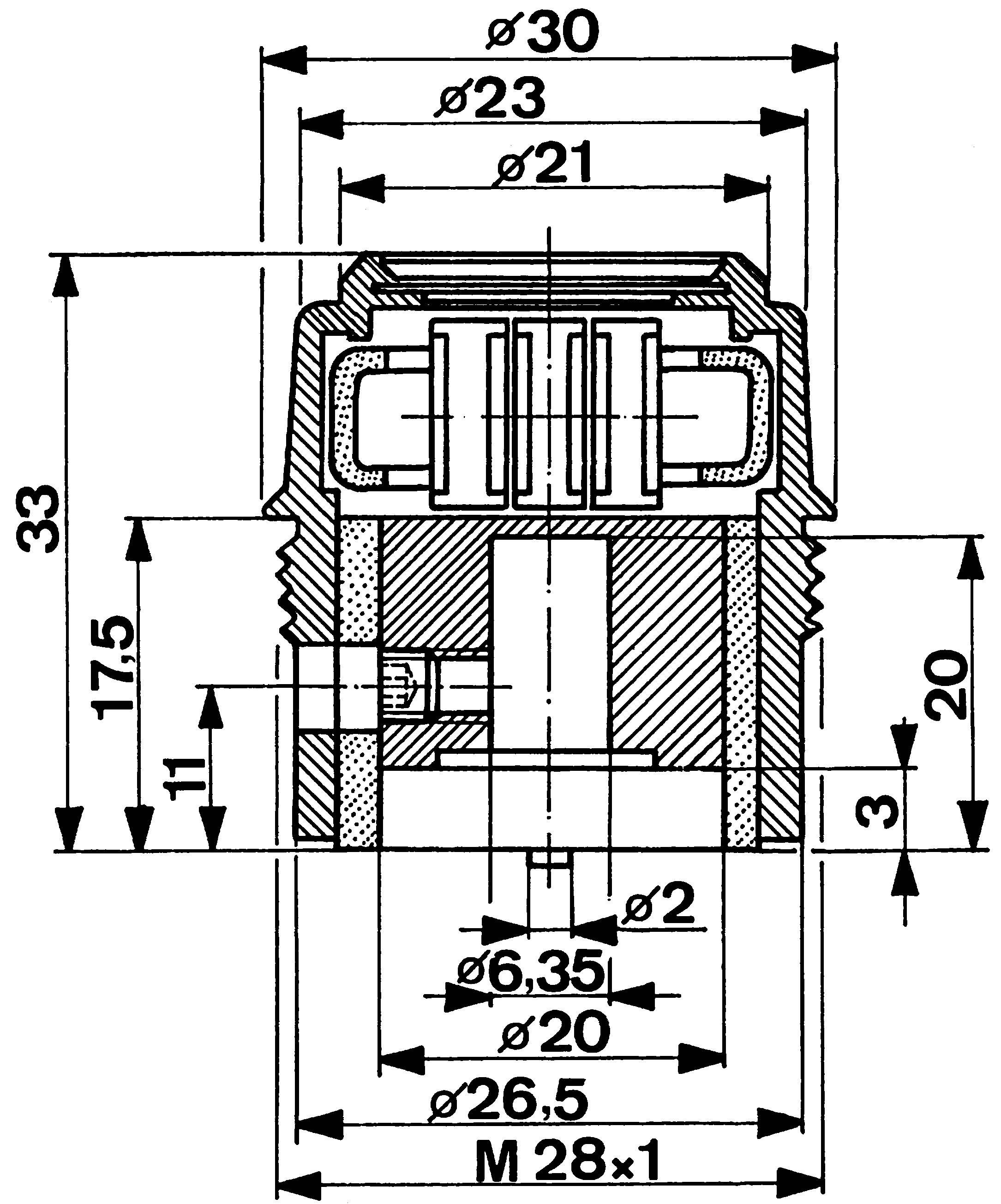 Technical drawing of a cylindrical component with dimensions and details. Shows cross-sectional views. Specifications in millimetres.