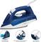 A blue steam iron with a water filling opening, steam control, self-cleaning function, and a 360-degree swivel cord connection.