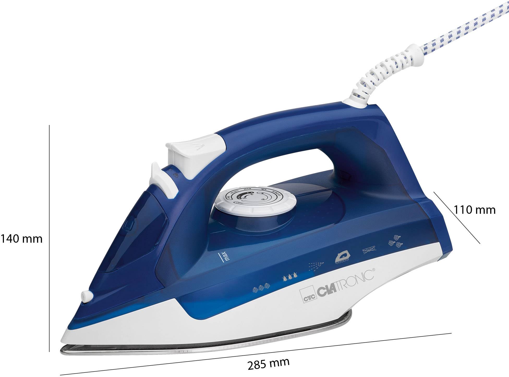 A blue Clatronic iron, dimensions: 285 mm long, 140 mm high, 110 mm wide.