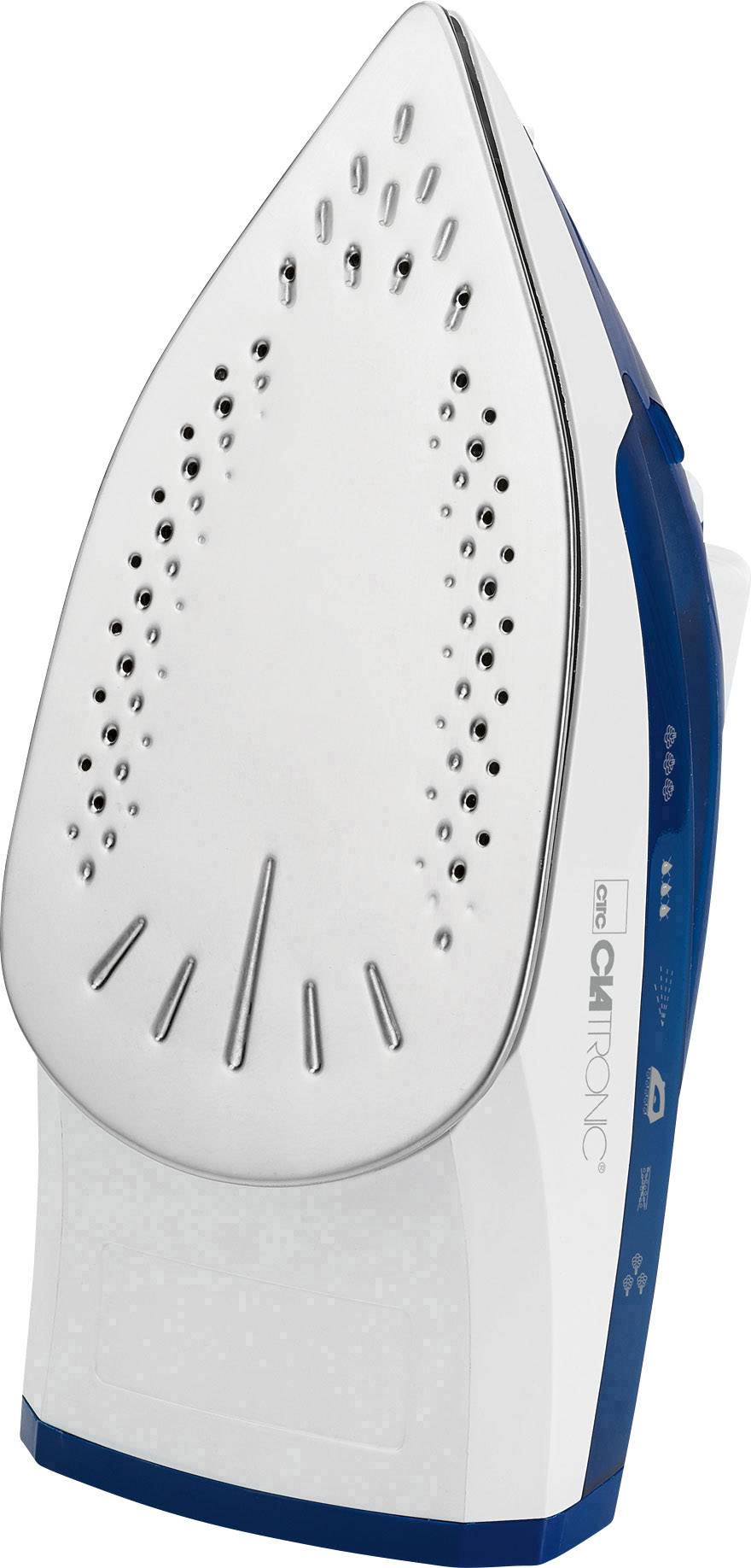 A steam iron with a shiny metal sole plate and a blue and white plastic casing stands vertically.